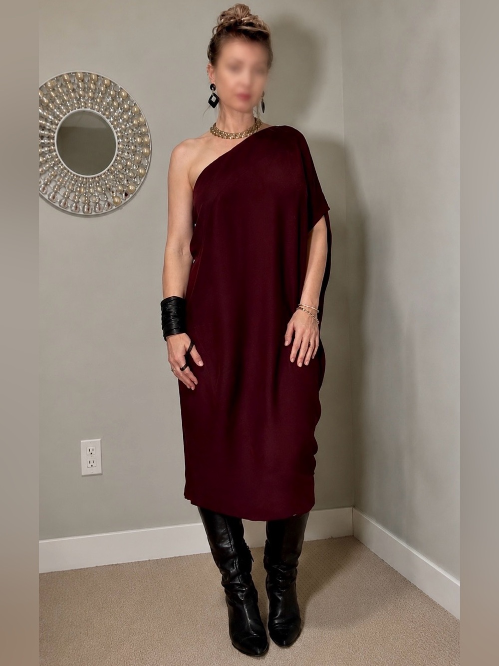 Zero+Maria Carnejo Rich Burgandy 1-Shoulder Draped Midi Dress. Size 10. Like New